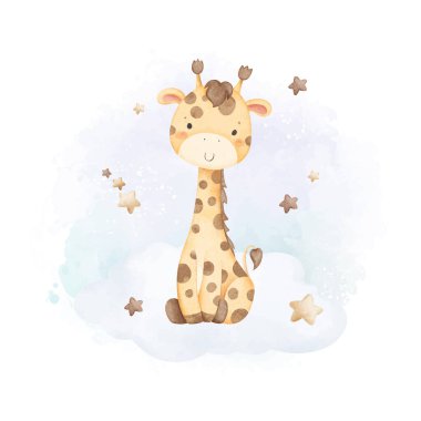 Suluboya Çizimi Şirin Zürafa Yıldızlı Bulutta Oturuyor