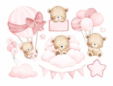 Bebek Oyuncak Ayı ve Bebek Oyuncak Balonları 'nın suluboya çizimi