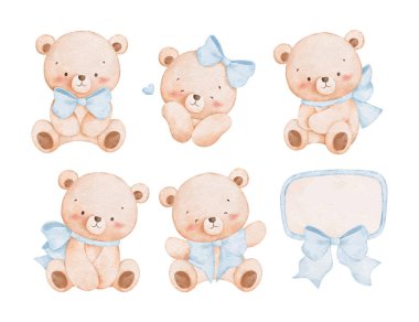 Bebek Ayıların Suluboya Çizimleri Mavi Kurdele Giyin