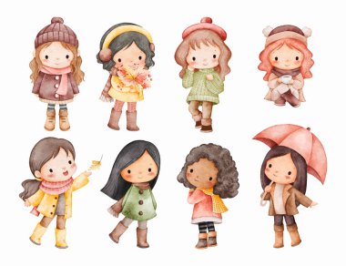 Sonbahar sezonunda Kızların Suluboya Çizimleri