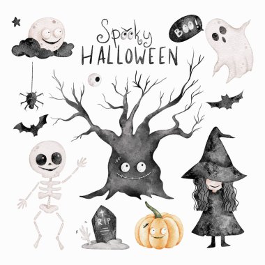 Cadılar Bayramı Elementleri Clipart 'ın Suluboya Çizimi