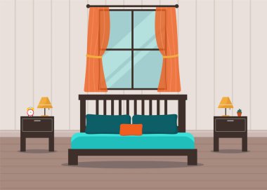 Mavi yataklı, samimi bir yatak odası. Vektör tasarımı iç illüstrasyon.