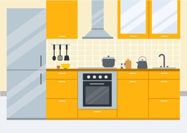 Modern sarı mutfak. Düz biçim tasarım illüstrasyonu.