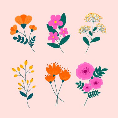 Flower collection with leaves, vector flowers. Collection of various blooming plants. Spring flowers illustration. Isolated on pink background. Perfect for posters, instagram posts. clipart