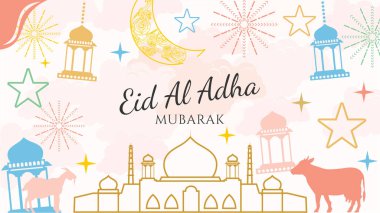 Kurban Bayramı arka plan vektör düz tasarımı Pastel renk ve karalama tarzı. Tebrik kartı için uygun. yatay poster. Web sitesi başlığı