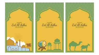 Kurban Bayramı tebrik kartını, sosyal medya şablonunu pastel arkaplan vektör çizgisi çizimini düz tasarım ve karalama biçimini ayarla