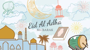 Kurban Bayramı arka plan vektör düz tasarımı Pastel renk ve karalama tarzı. Tebrik kartı için uygun. yatay poster. Web sitesi başlığı