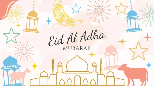 Kurban Bayramı arka plan vektör düz tasarımı Pastel renk ve karalama tarzı. Tebrik kartı için uygun. yatay poster. Web sitesi başlığı