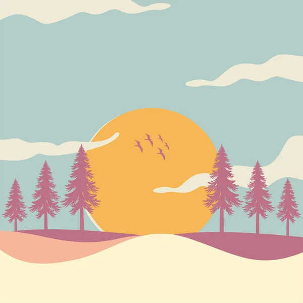 Pine Trees Landscape Background Design Vector Illustration Sun View — Stock Vector