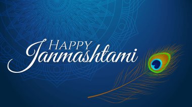 Tavus kuşu tüylü Janmashtami selamlaması. Krishna janmashtami günü anı için uygun vektör illüstrasyonu.