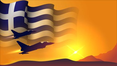 Yunanistan hava kuvvetleri gün batımına uygun günbatımı görüşlü, Yunan bayrağı arkaplan tasarımı sallayan savaş uçağı.