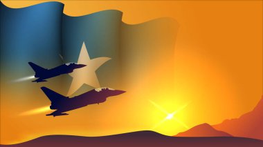 Somali 'de bayrak sallayan savaş uçağı. Gün batımı manzaralı. Ulusal Somali hava kuvvetleri gündüz gösterisi için uygun.