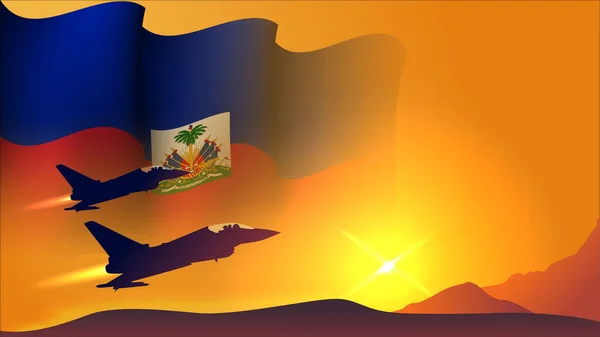 国立ハイチ空軍デイイベントベクターイラストに適した日没ビューのハイチ振るフラグバックデザインの戦闘機ジェット飛行機 — ストックベクタ