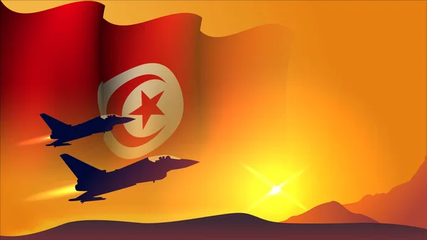 Straaljager Vliegtuig Met Tunisia Golvende Vlag Achtergrond Ontwerp Met Zonsondergang — Stockvector