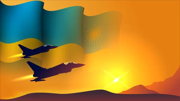 Samolot Myśliwski Rwanda Macha Flagą Tła Projekt Widokiem Zachód Słońca — Wektor stockowy