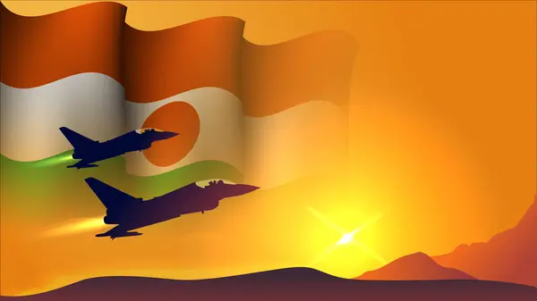 Myśliwiec Samolot Odrzutowiec Niger Machanie Flaga Tło Projekt Zachód Słońca — Wektor stockowy