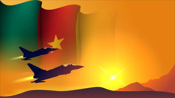 Kampfflugzeug Mit Kamerun Schwenken Flagge Hintergrund Design Mit Sonnenuntergang Blick — Stockvektor