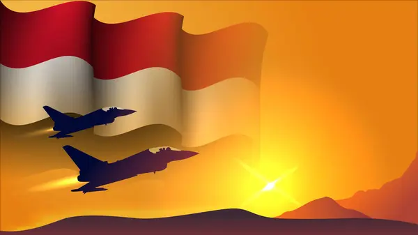 国軍の日のイベントのベクターのイラストのために適した夕日ビューが付いているイエメン振る旗の背景設計の戦闘機のジェット機 — ストックベクタ