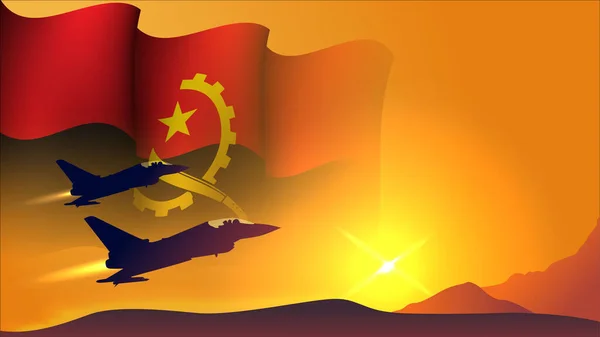 Kampfflugzeug Mit Angolaschwenkender Flagge Hintergrunddesign Mit Sonnenuntergang Passend Für Nationale — Stockvektor