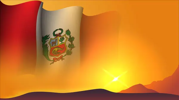Peru挥动国旗概念背景设计与日落景观的山体矢量插图适合海报背景设计关于假日 独立日在Peru — 图库矢量图片