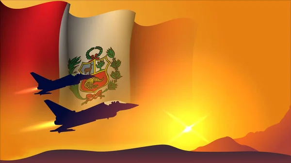 国民の空軍の日の出来事のベクトル イラストのために適した日没の眺めが付いているペルー振る旗の背景設計が付いている戦闘機ジェット機の飛行機 — ストックベクタ
