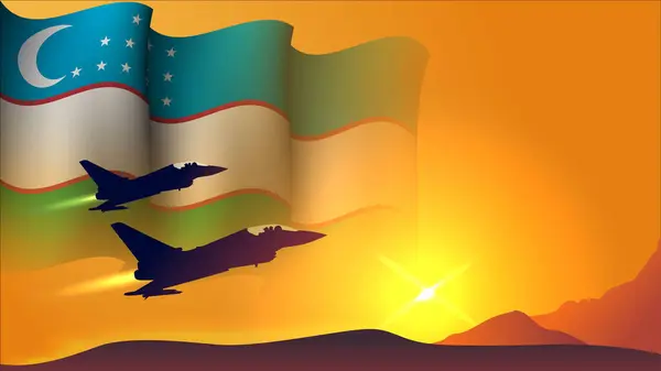 Kampfflugzeug Mit Usbekistan Schwenken Flagge Hintergrund Design Mit Sonnenuntergang Blick — Stockvektor