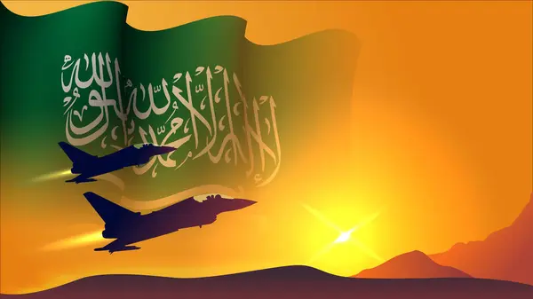 Kampfflugzeug Mit Saudi Arabischem Flaggenschwenken Hintergrunddesign Mit Blick Auf Den — Stockvektor