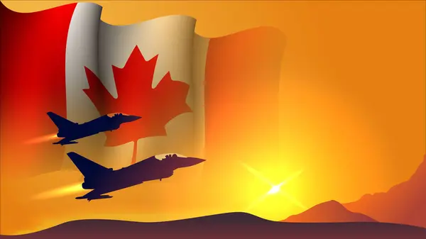 Myśliwiec Samolot Odrzutowiec Kanady Machając Flagą Tło Projekt Widokiem Zachód — Wektor stockowy