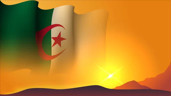Algeria Zwaaiende Vlag Concept Achtergrond Ontwerp Met Zonsondergang Uitzicht Heuvel — Stockvector