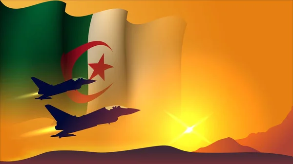 Aereo Jet Combattimento Con Algeria Sventolando Bandiera Disegno Sfondo Con — Vettoriale Stock