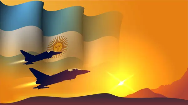 Kampfflugzeug Mit Argentinien Schwenken Flagge Hintergrund Design Mit Sonnenuntergang Blick — Stockvektor