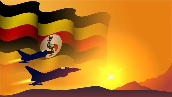 Straaljager Vliegtuig Met Uganda Golvende Vlag Achtergrond Ontwerp Met Zonsondergang — Stockvector