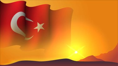 Tepe vektör illüstrasyonunda günbatımı görüşlü hindi sallama kavramı. Bayram, bayram günü ve Türkiye 'de ulusal bağımsızlık günü hakkında poster tasarımı için uygun.