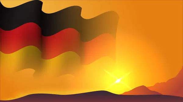 ドイツの振るフラッグコンセプト バックグラウンドデザイン 祝日の日 ドイツの独立記念日のポスターバックグラウンドデザインに適した丘のベクターイラストの夕日ビュー — ストックベクタ