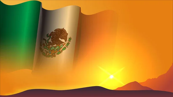 メキシコの振るフラッグコンセプト バックグラウンドデザイン 祝日の日 メキシコの独立記念日のポスターバックグラウンドデザインに適した丘のベクターイラストの夕日ビュー — ストックベクタ