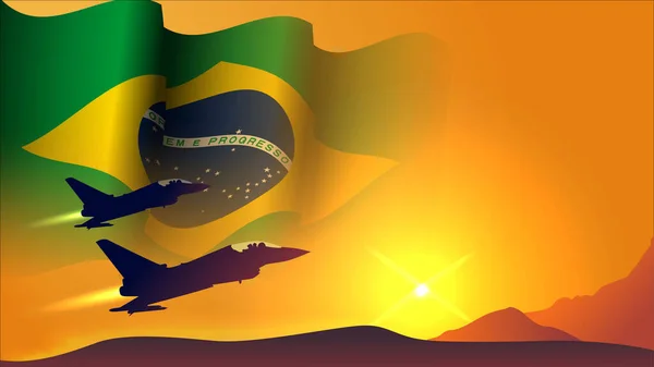 Истребитель Реактивный Самолет Бразилией Размахивая Флагом Дизайн Фона Видом Закат — стоковый вектор