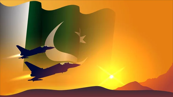 Fighter Jet Plane Pakistan Waving Flag Background Design Sunset View — Stock Vector
