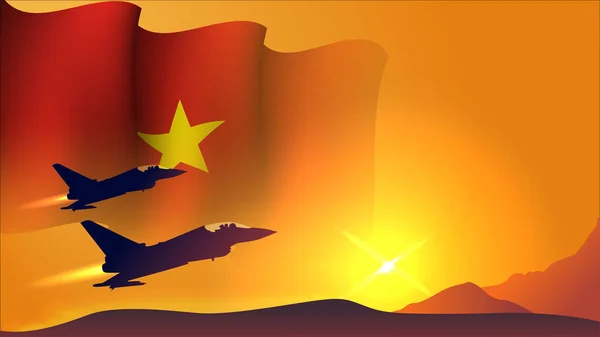 Kampfflugzeug Mit Vietnam Schwenken Flagge Hintergrund Design Mit Sonnenuntergang Blick — Stockvektor