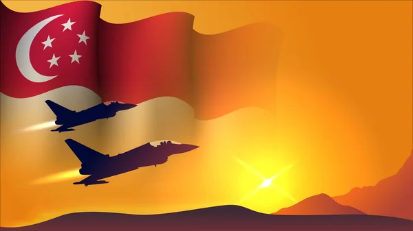 Straaljager Vliegtuig Met Singapore Golvende Vlag Achtergrond Ontwerp Met Zonsondergang — Stockvector