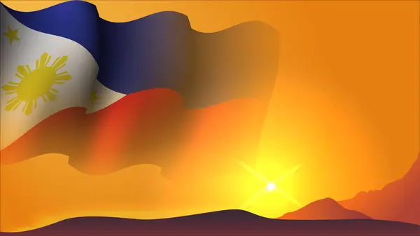 Filippijnen Zwaaien Vlag Concept Achtergrond Ontwerp Met Zonsondergang Uitzicht Heuvel — Stockvector