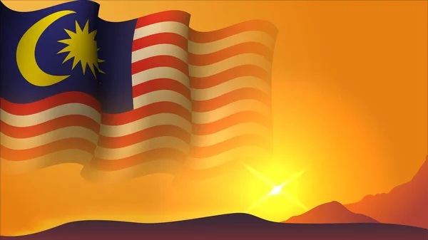 马来西亚人挥动国旗概念背景设计与日落景观的山地矢量插图适合海报背景设计有关假日 节日和独立日的马来西亚人 — 图库矢量图片