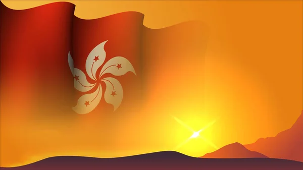 Hongkong Waving Flag Background Design Sunset View Vector Illustration Suitable — Stock Vector