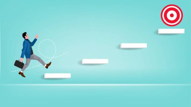 Hayatındaki hedefleri aşan bir iş adamı konseptiyle, başarıya ulaşmak için kariyerinizde hedeflere ulaşın, başarı ya da kariyer yolunda ilerleme, başarı yolunda seyahat, iş hedefi