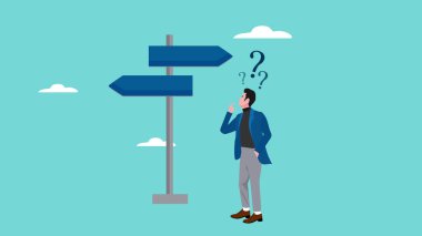 Kariyeri konusunda kafası karışmış bir iş adamının tasviri, düz tasarım konsepti.