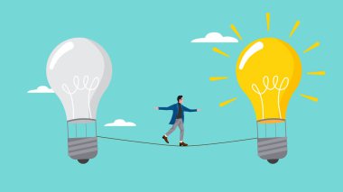 İş stratejisi illüstrasyonunu iş adamı konseptiyle değiştir. İpi sönmüş bir ampulden yanan bir ampule geçir. Şirket yönetiminde yenilik iyi iş yapmak için değişir.