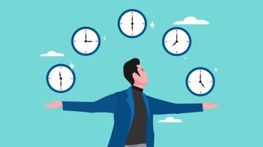 Zaman yönetimi illüstrasyonunda farklı zamanlarda birden fazla saat tutan bir işadamı kavramı, daha iyi bir ilişki için zaman yönetimi teknikleri, zaman yönetiminin verimlilikle olan ilişkisi
