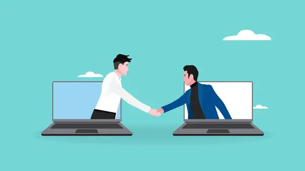 business to business illustration with the concept of two business people shaking hands to agreement, B2B marketing concept, business collaboration, distributor and seller concept flat illustration