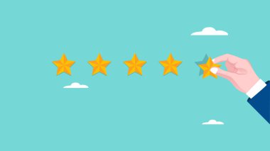 El yazısı konseptiyle beş yıldız derecelendirmesi bir yıldızı beş yıldız yapar, iş adamları el ele verir düz dizayn tarzıyla 5 yıldız derecelendirme, müşteri değerlendirme yıldızlarının eli