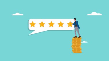 İş adamı kavramına sahip beş yıldızlı çizim bir yıldızı beş yıldızlı sınıflandırma, iş adamlarını düz stile sahip 5 yıldızlı sınıflandırma, müşteri değerlendirme yıldızlı konsept tasarımı