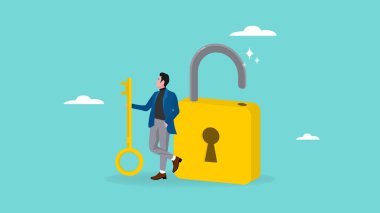 iş adamlarının elinde altın anahtar, iş sorunu çözümü, başarılı iş veya iş erişilebilirliğinin anahtarı, iş sorunu vektör illüstrasyonunu çöz